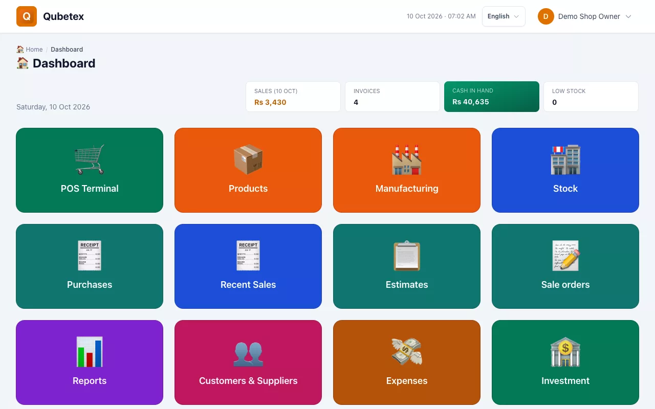 Panel del dueño de tienda en Qubetex POS
