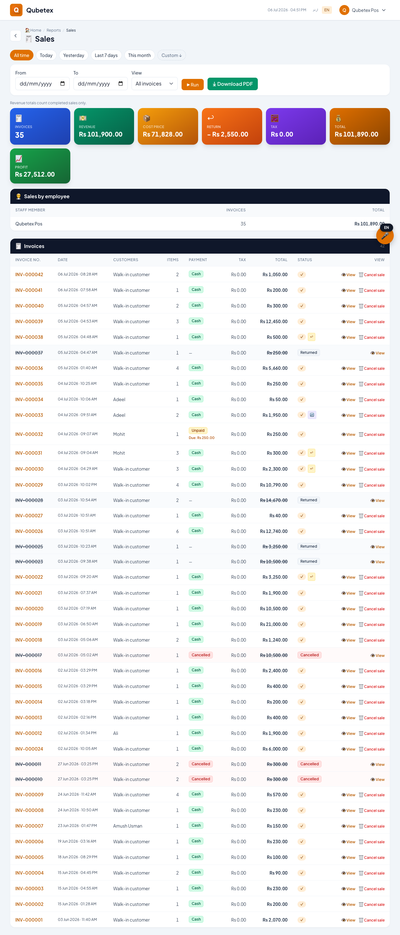 Qubetex POS daily sales report